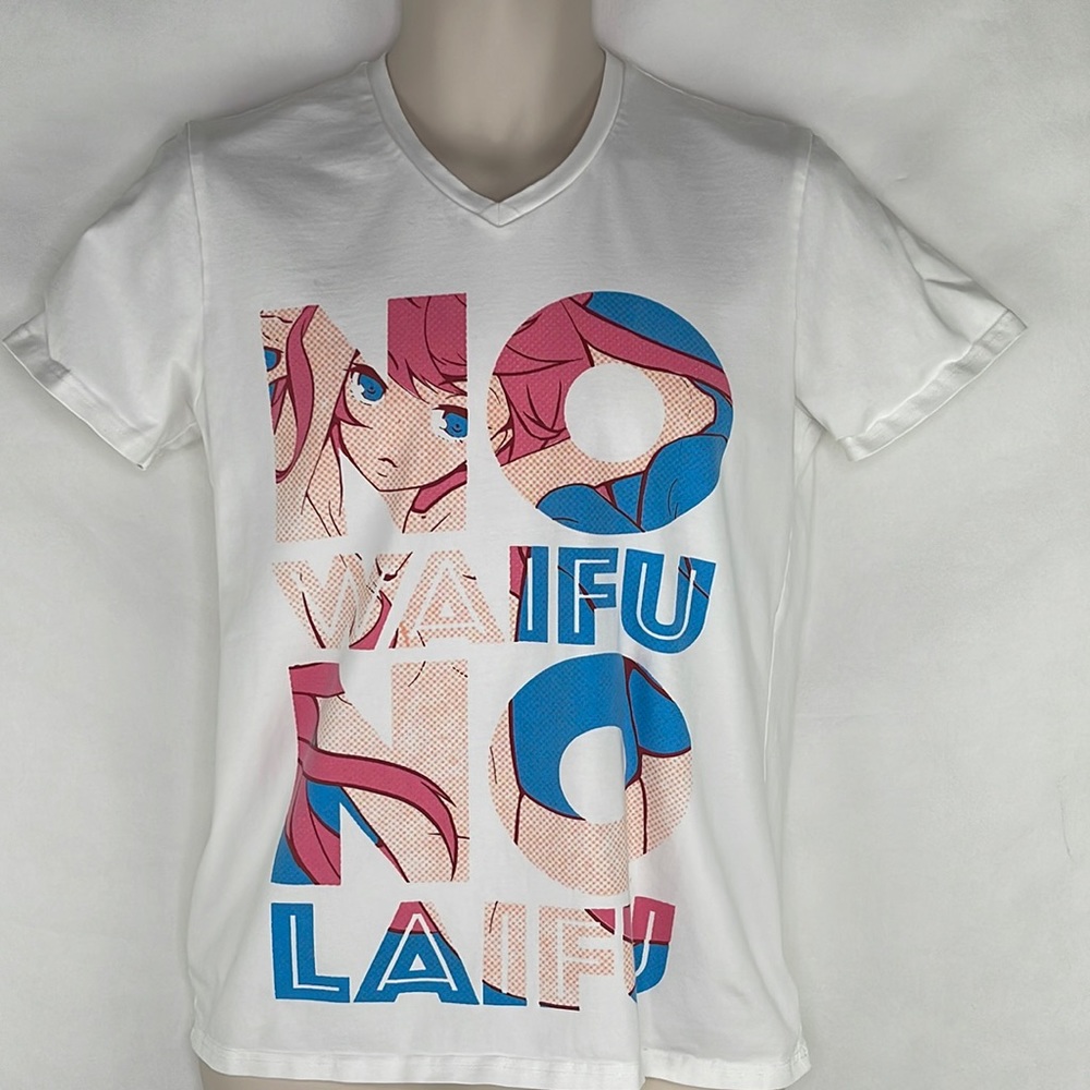 BiBi Anime No Waifu No Laifu V-Neck white Pink Blue Peach Shirt